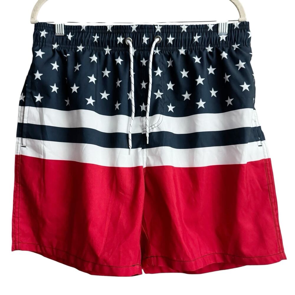NWOT American Flag Mesh Lined Men’s Swim Trunks Large Red White Blue Patriotic